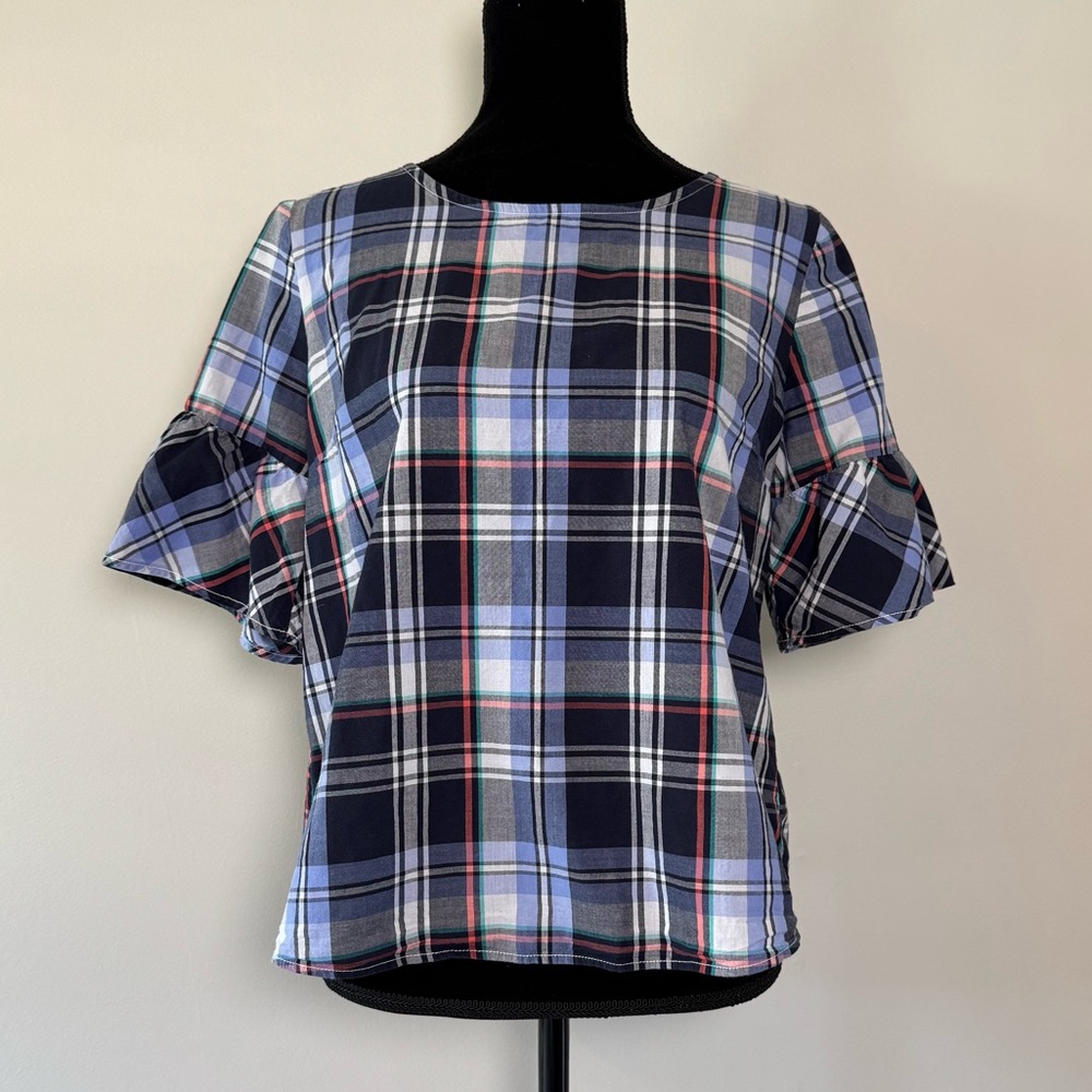 Tommy Hilfiger Shirt Women’s Medium Blue Plaid Short Puff Sleeves Button Back